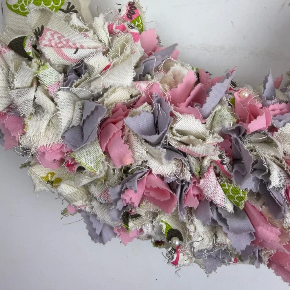 Handmade Shabby Chic Owl Rag Wreath Pink Grey Burlap Roses Nursery Decor 12